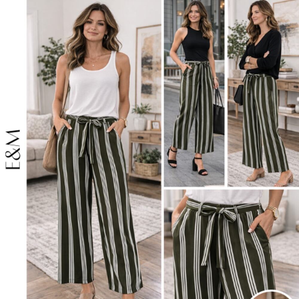 E&M Olive Green & White Striped Pants – Size Large, EUC!